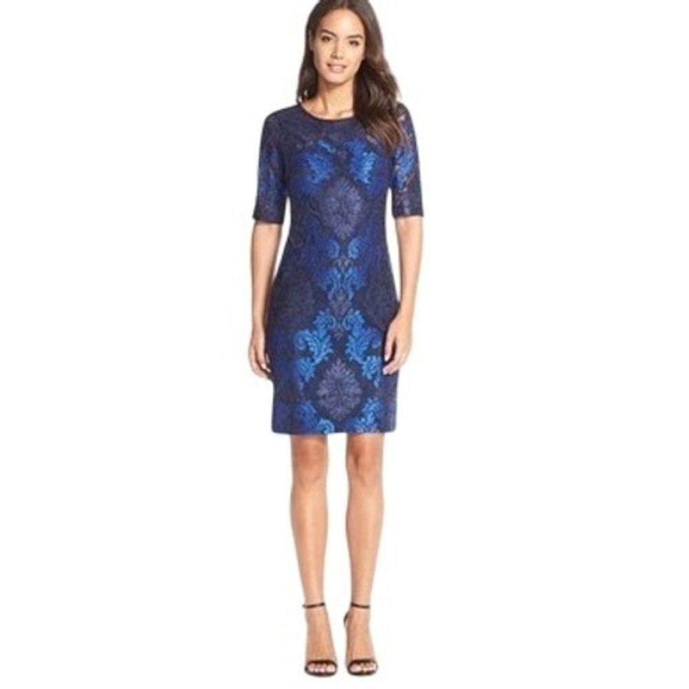 Donna‎ Ricco Blue Navy Lace Brocade Sheath Dress Women's Formal Cocktail Elegant